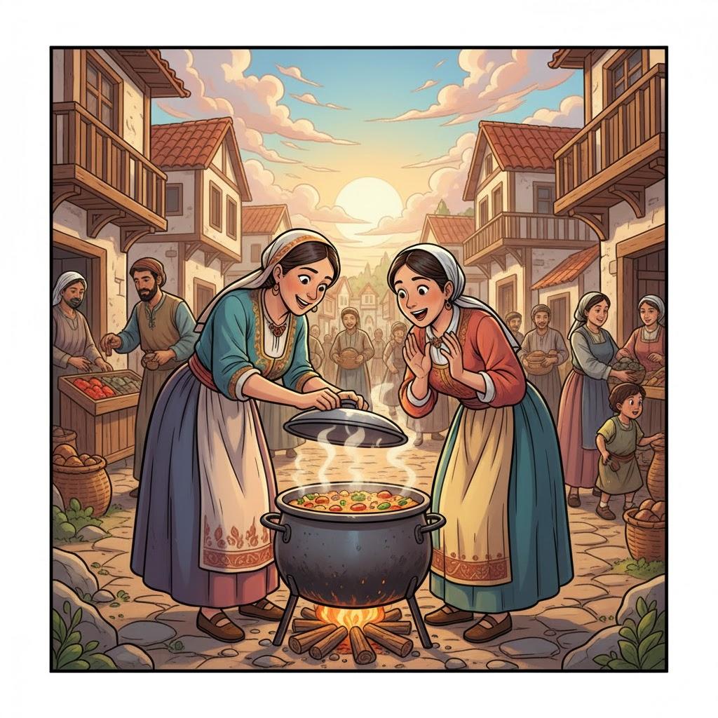 אִשָּׁה מְגַלָּה אֶת הַקְּדֵרָה לֵידַע מַה חֲבֶרְתָּהּ מְבַשֶּׁלֶת