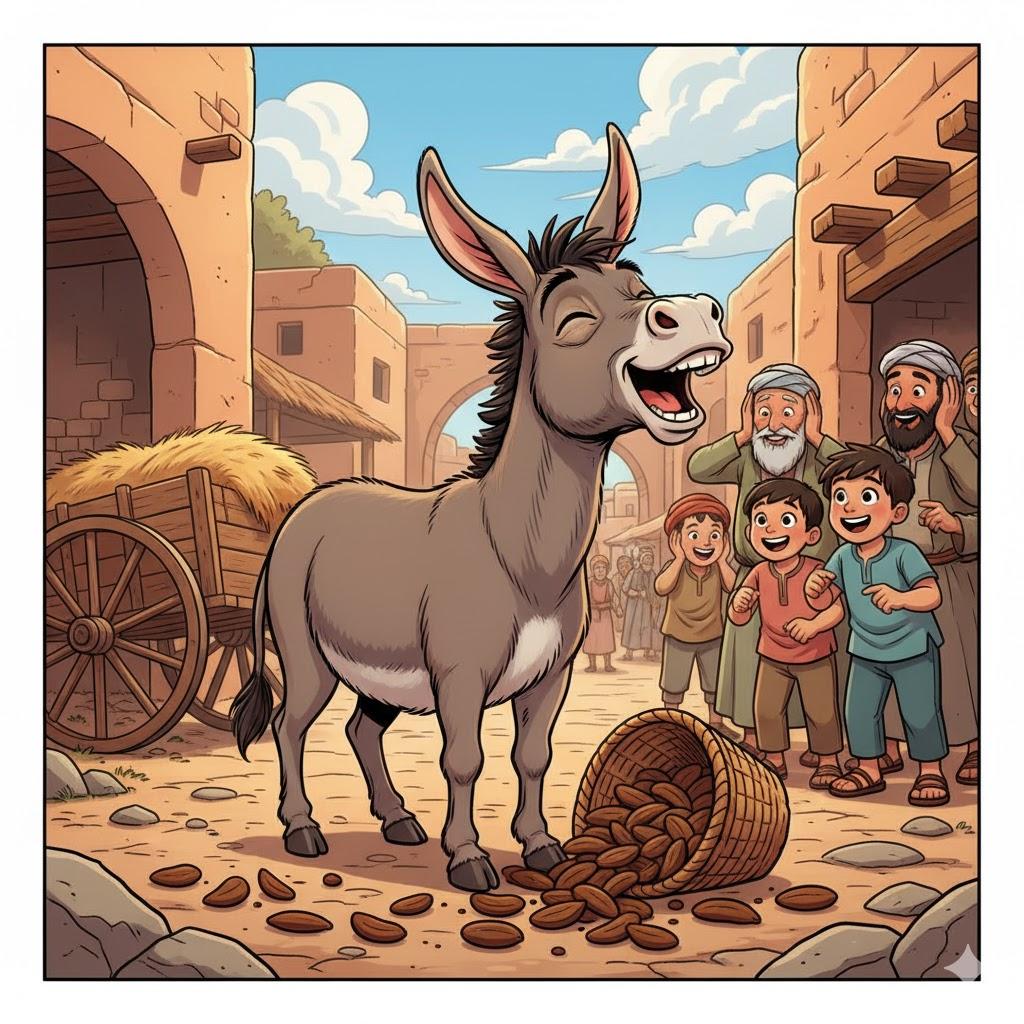 The donkey brays only when a basket of carobs is before it