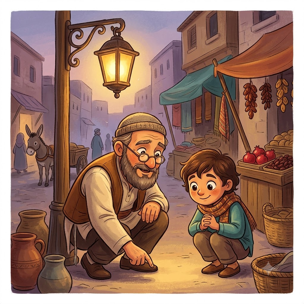 חִיפֵּשׂ אֶת הַמַּטְבֵּעַ מִתַּחַת לַפָּנָס
