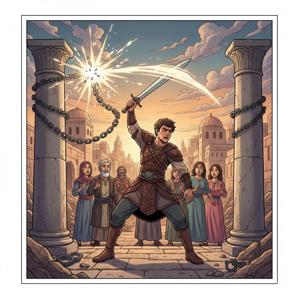 with a sword stroke