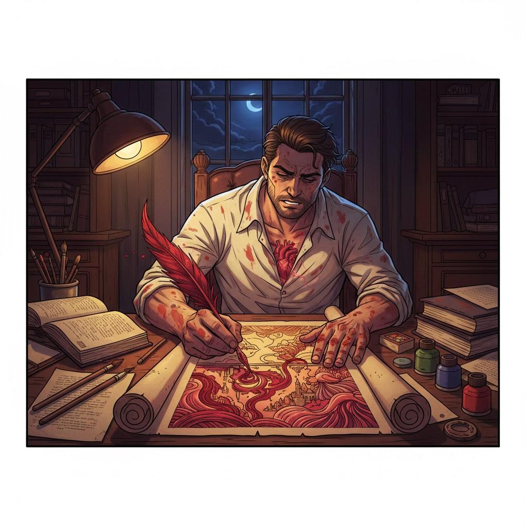 With the blood of his heart