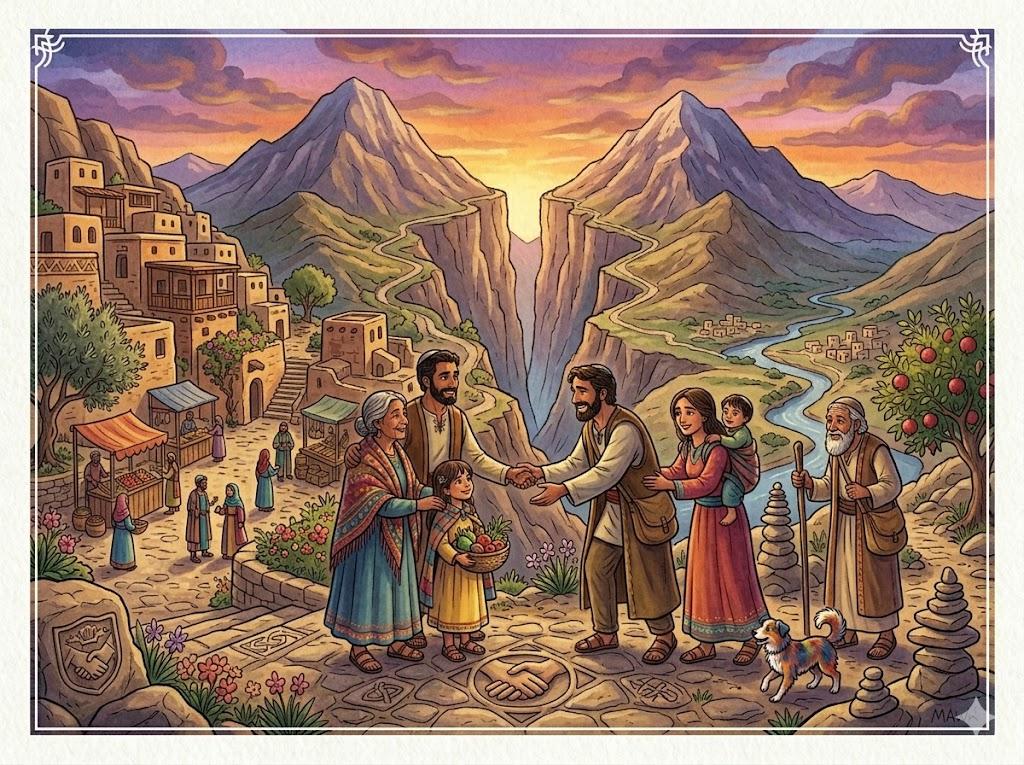 Mountain with mountain, no man with man, no ugliness with ugliness, no man with man, no man with man./ friends may meet, but mountains never