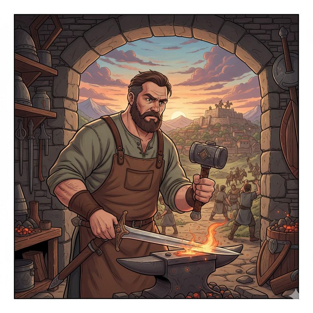 With one of his hands he performed the work while the other held his weapon