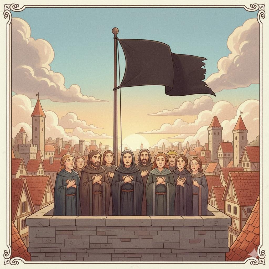A black flag waves above him