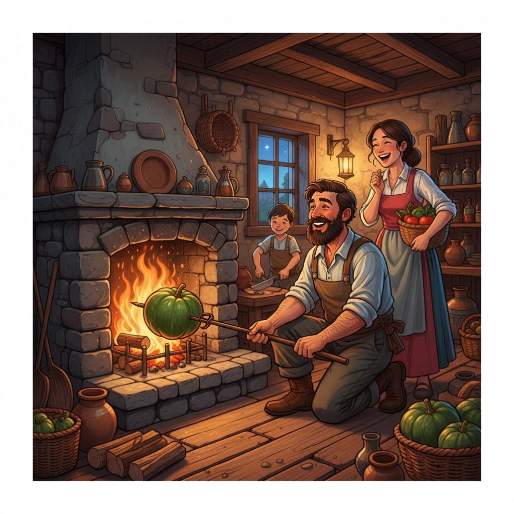 While your fire is burning, cut your gourd and roast it