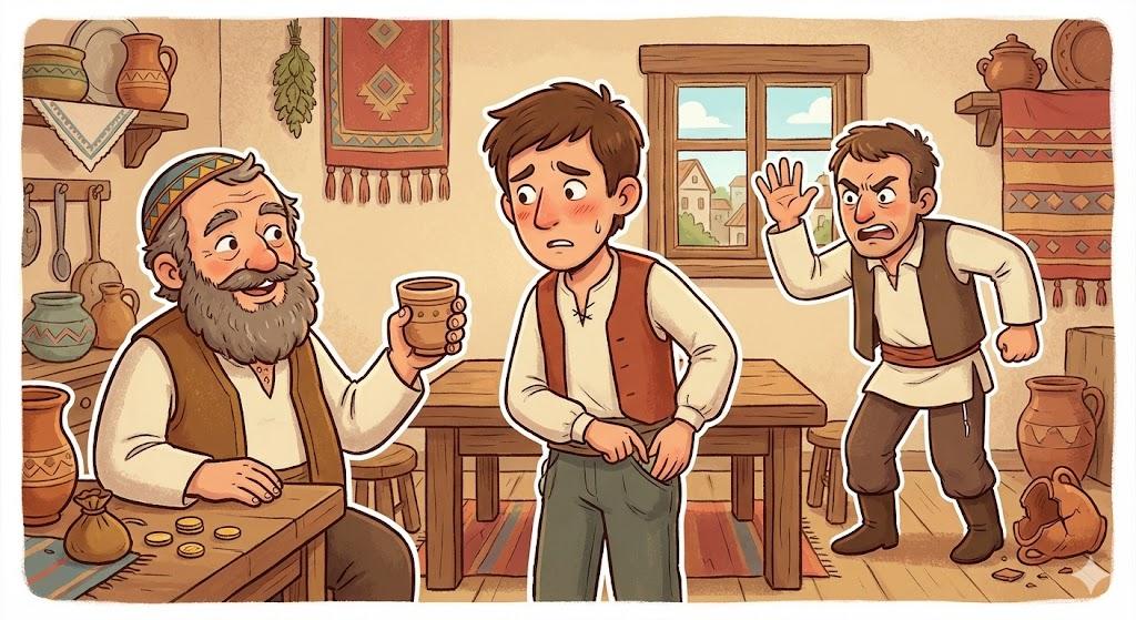 By his cup, his pocket, and his anger