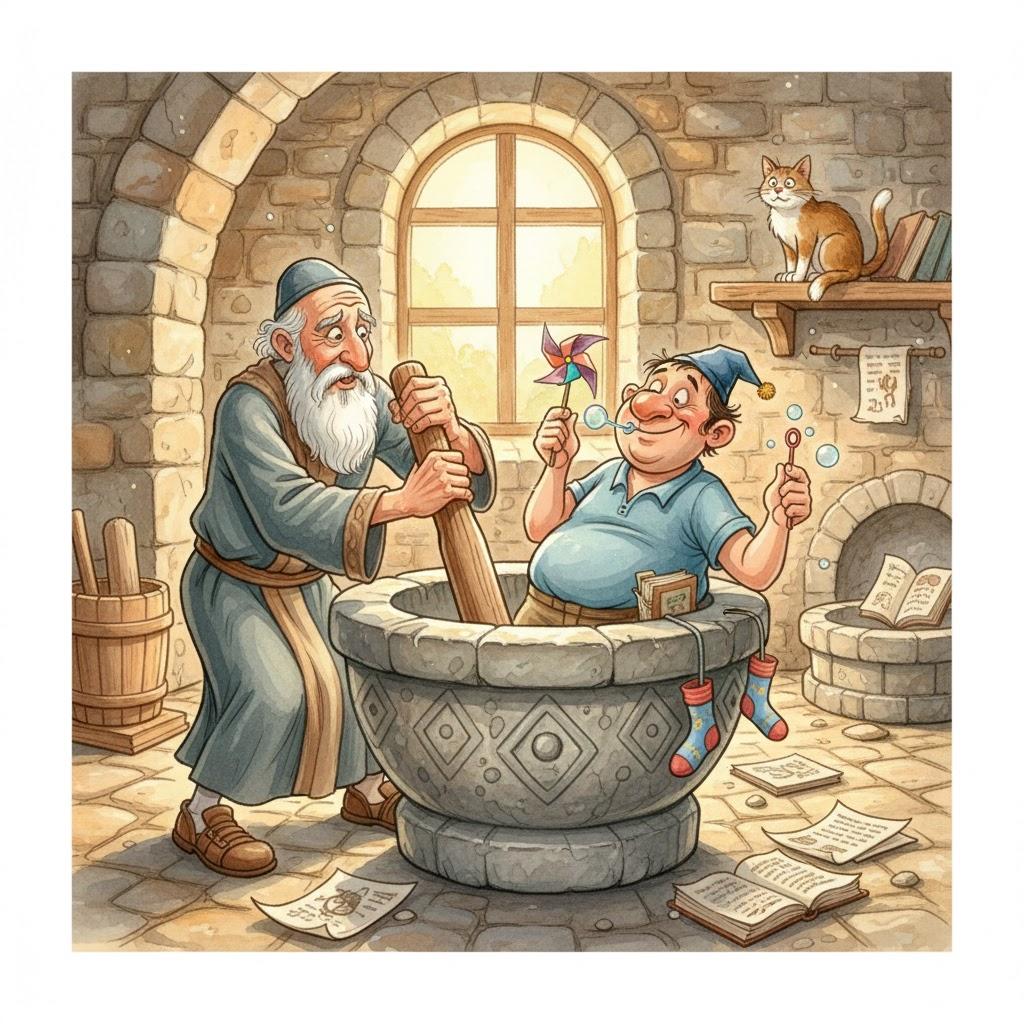 גַּם אִם תִּכְתּוֹשׁ אֶת הָאֱוִיל לֹא תָסוּר מֵעָלָיו אִוַּלְתּוֹ