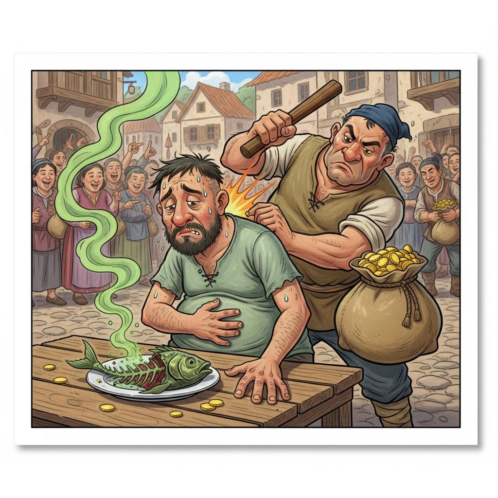 He ate a spoiled fish, was beaten, and gave a hundred coins