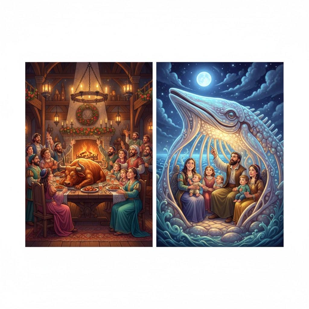 The flesh of the wild ox and the skin of Leviathan, the booth of Leviathan's skin/ legendary bull (promised to the righteous in the world to come)