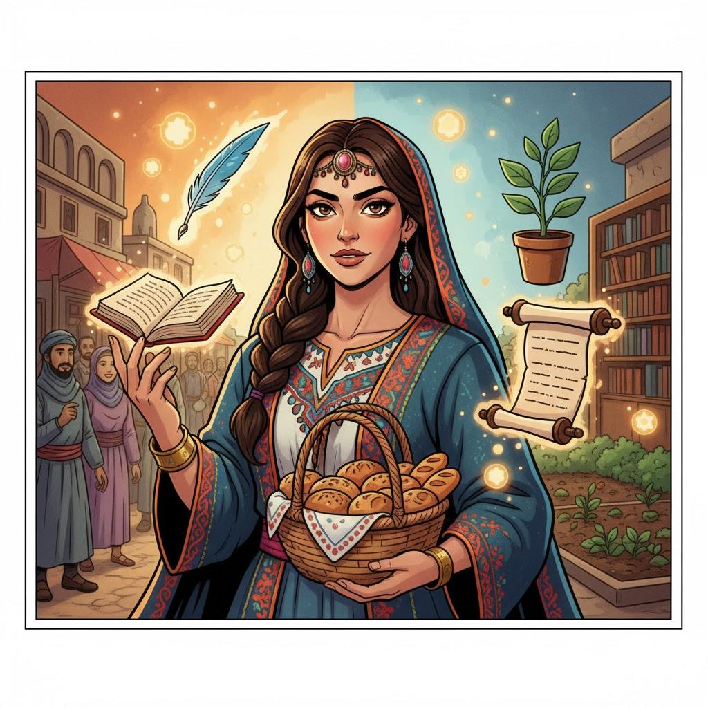a woman carries her shield, weapon with her beauty serves her as protection.