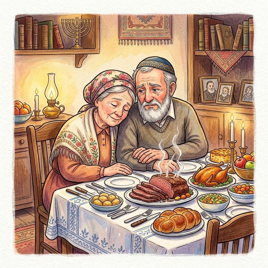 הָרֵי שֻׁלְחָן וְהָרֵי בָּשָׂר וְהָרֵי סַכִּין-וְאֵין לָנוּ פֶּה לֶאֱכֹל